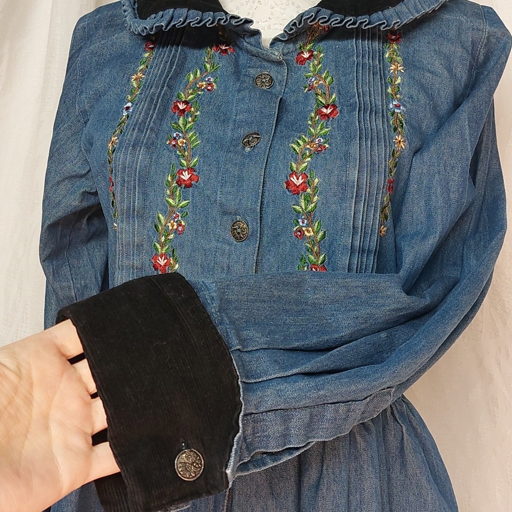 Rare Vintage 90s FADS Prairie Cottagecore Embroidered Denim Prairie Dream Dress - Picture 5 of 14